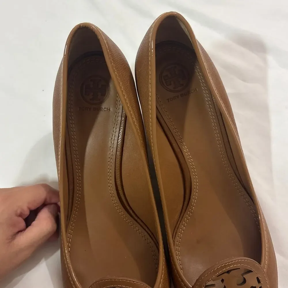 Tory Burch Womens 8.5 Sally Leather Wedge Pumps Designer Formal Logo Office